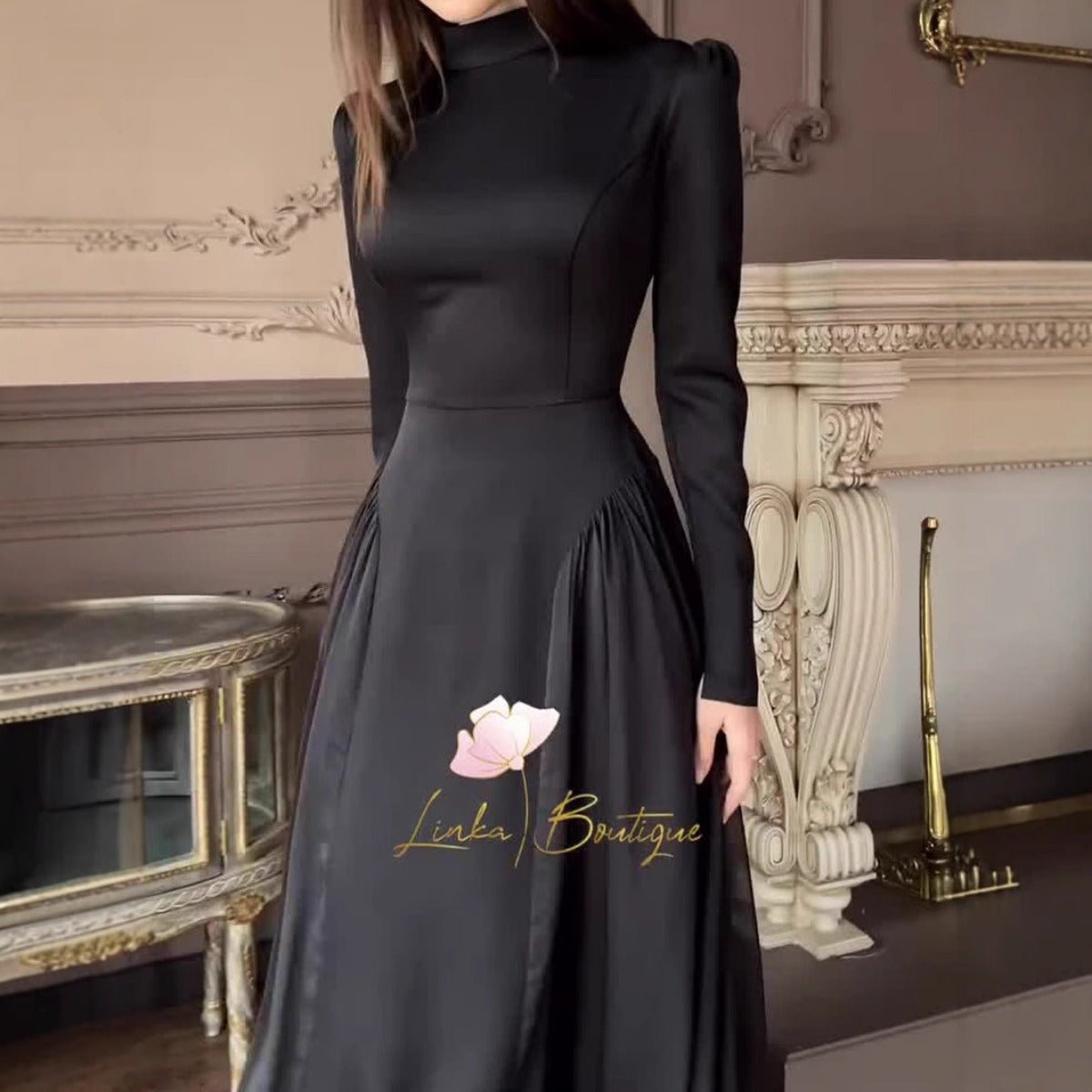 Spring Temperament Black Maxi Dress And Elegant High Neck Long Sleeve Dress with Floral Accent. (MA220) - Mariam's Collection