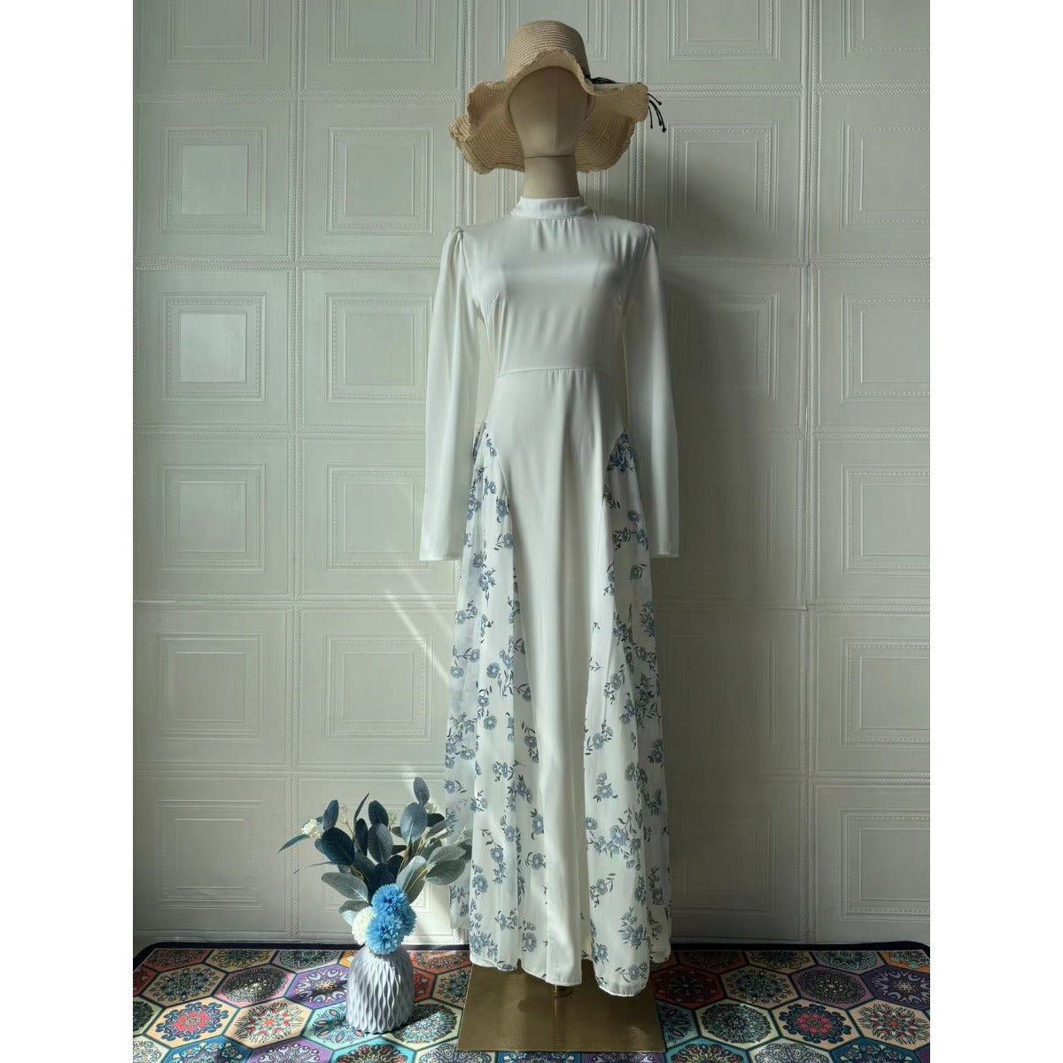 Spring Temperament Black Maxi Dress And Elegant High Neck Long Sleeve Dress with Floral Accent. (MA220) - Mariam's Collection