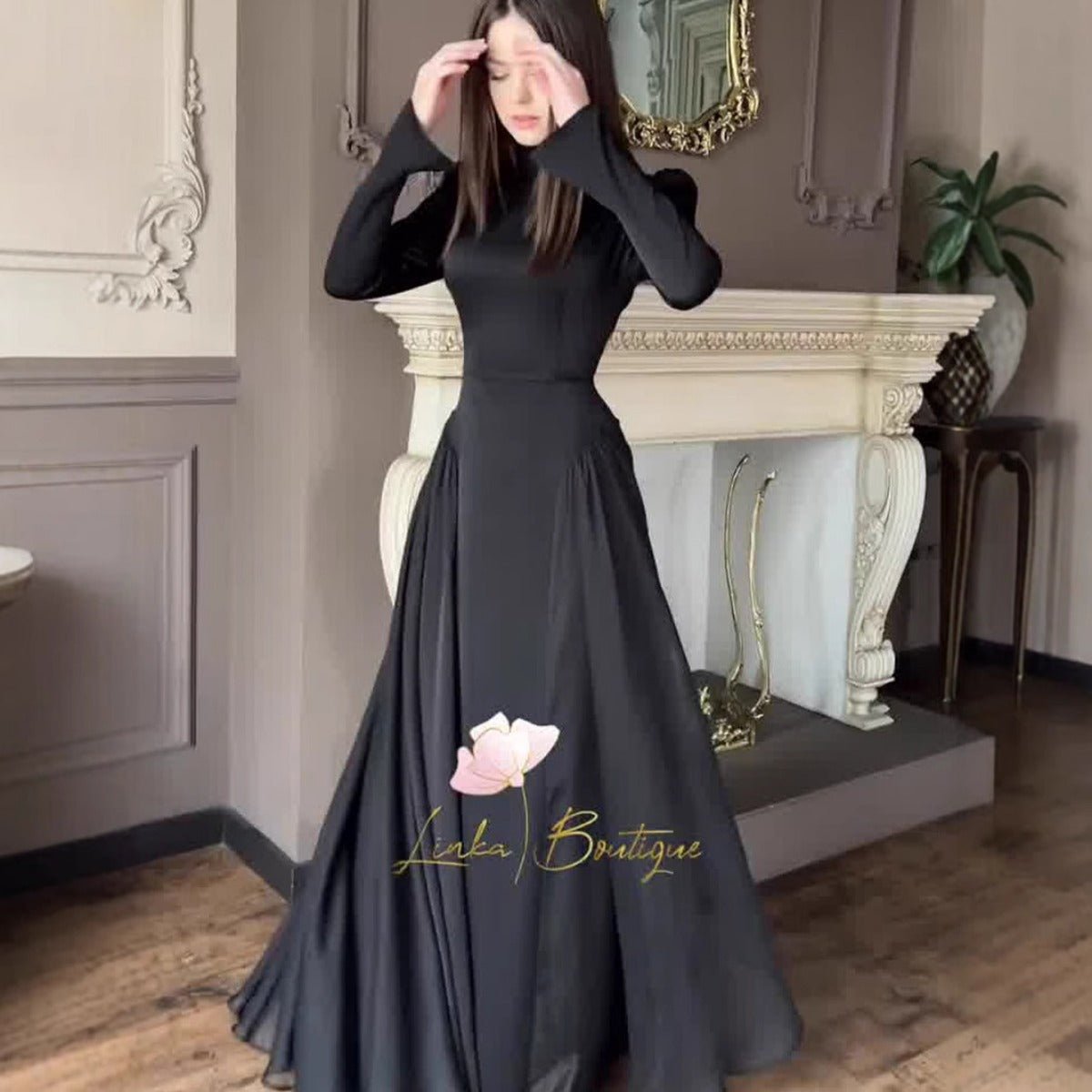 Spring Temperament Black Maxi Dress And Elegant High Neck Long Sleeve Dress with Floral Accent. (MA220) - Mariam's Collection