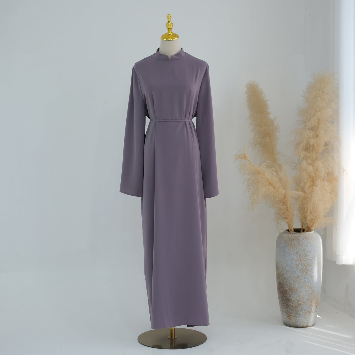 Stand-Collar Nida Maxi Dress | Long-Sleeve Belted Modest Dress(MA475) - Mariam's Collection