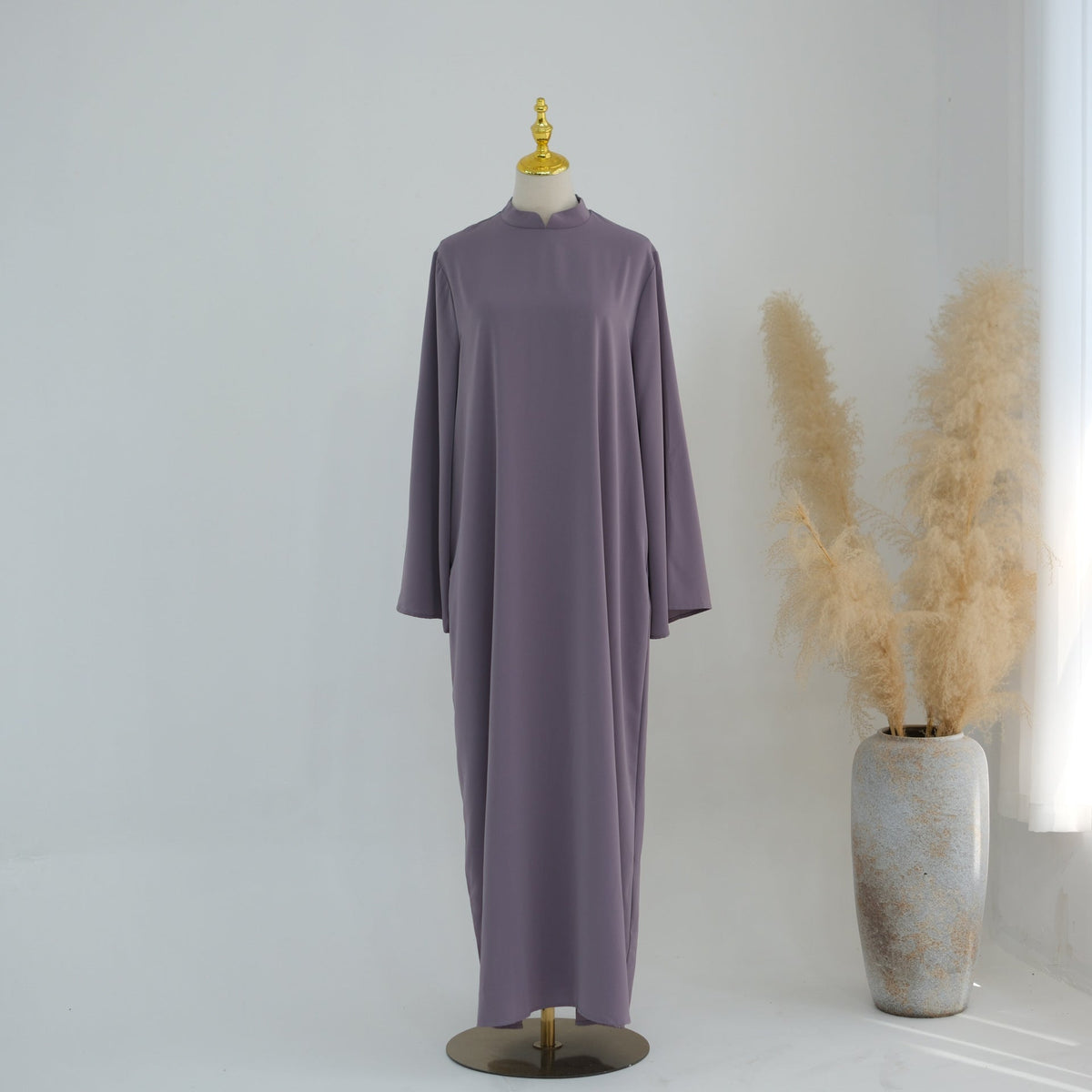 Stand-Collar Nida Maxi Dress | Long-Sleeve Belted Modest Dress(MA475) - Mariam's Collection