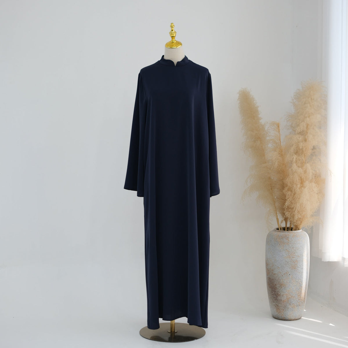 Stand-Collar Nida Maxi Dress | Long-Sleeve Belted Modest Dress(MA475) - Mariam's Collection
