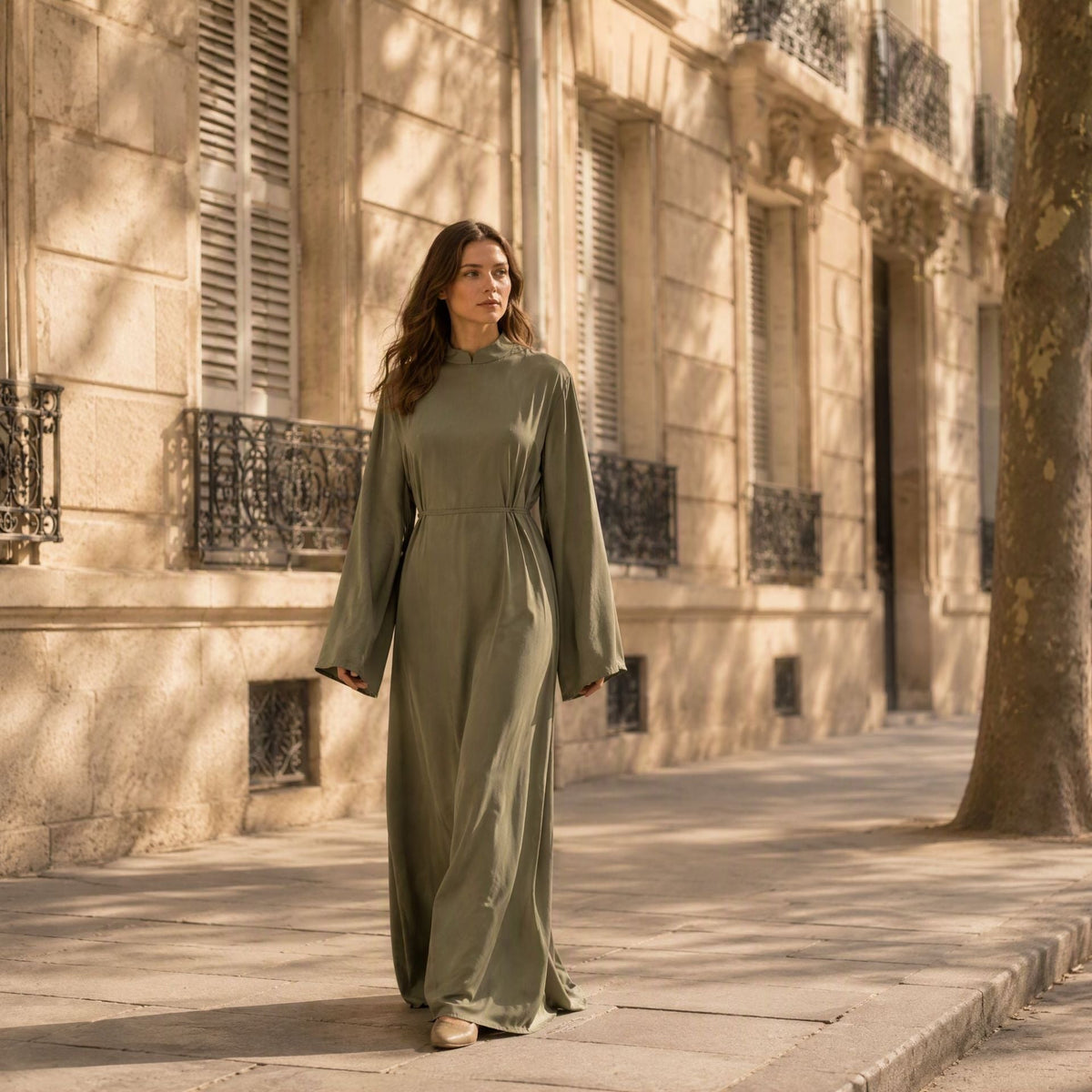 Stand-Collar Nida Maxi Dress | Long-Sleeve Belted Modest Dress(MA475) - Mariam's Collection
