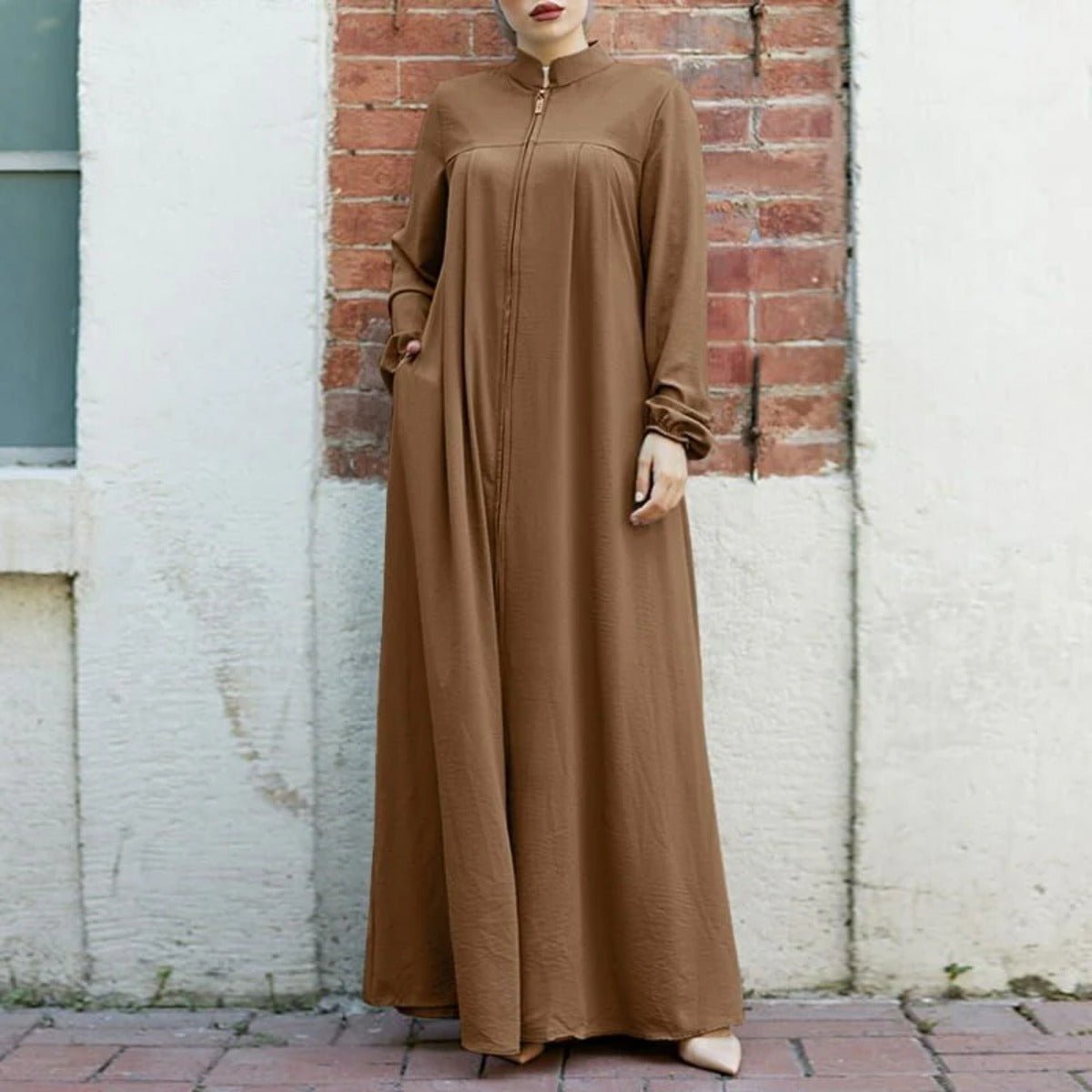 Stand - Collar Zipper Cardigan with Pockets | Modest Long Maxi Dress Abaya.(MA155) - Mariam's Collection