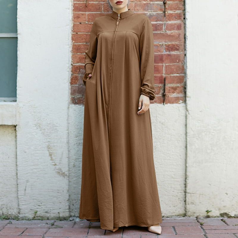Stand - Collar Zipper Cardigan with Pockets | Modest Long Maxi Dress Abaya.(MA155) - Mariam's Collection
