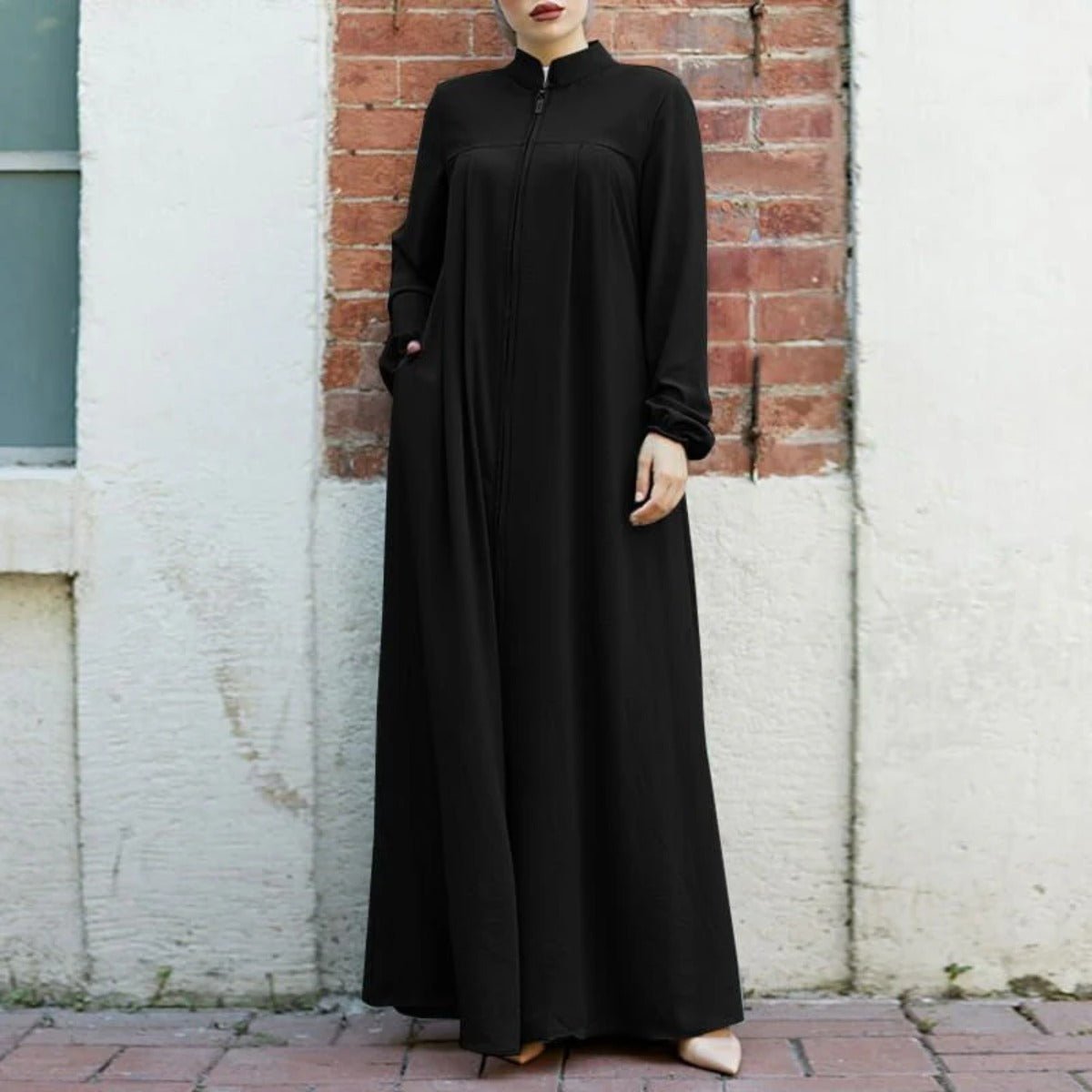 Stand - Collar Zipper Cardigan with Pockets | Modest Long Maxi Dress Abaya.(MA155) - Mariam's Collection
