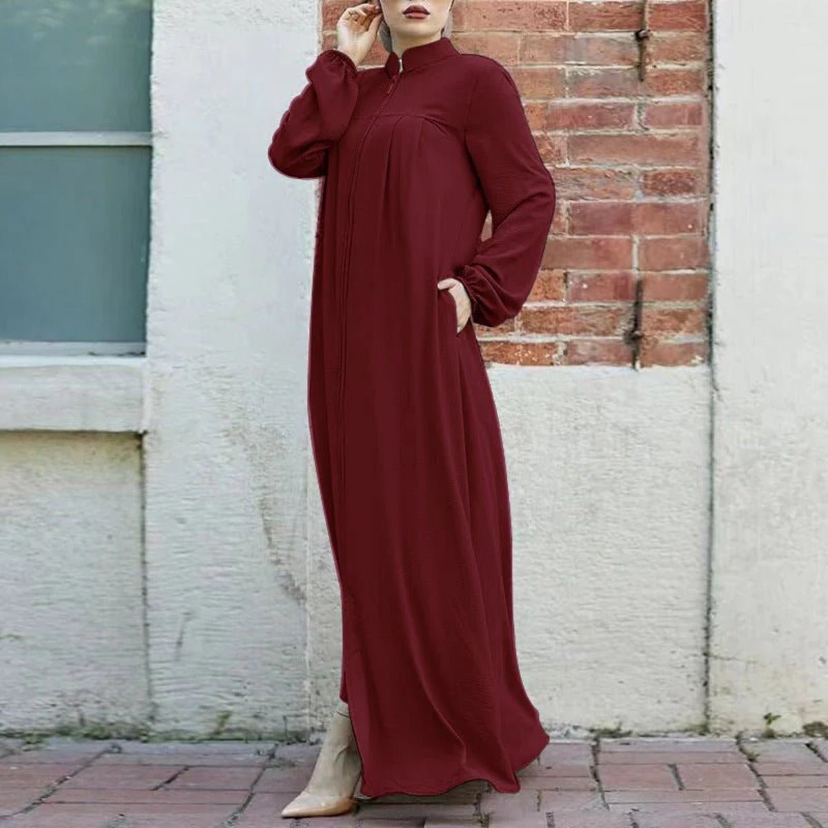 Stand - Collar Zipper Cardigan with Pockets | Modest Long Maxi Dress Abaya.(MA155) - Mariam's Collection