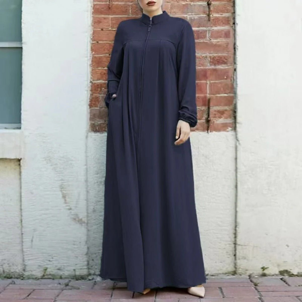 Stand - Collar Zipper Cardigan with Pockets | Modest Long Maxi Dress Abaya.(MA155) - Mariam's Collection