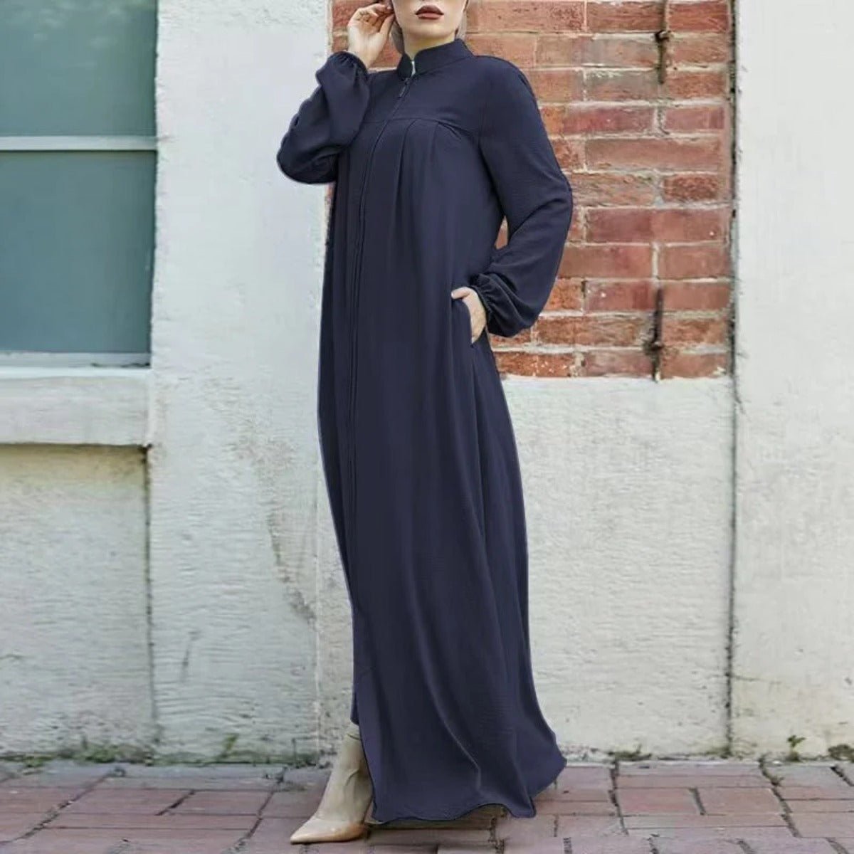 Stand - Collar Zipper Cardigan with Pockets | Modest Long Maxi Dress Abaya.(MA155) - Mariam's Collection