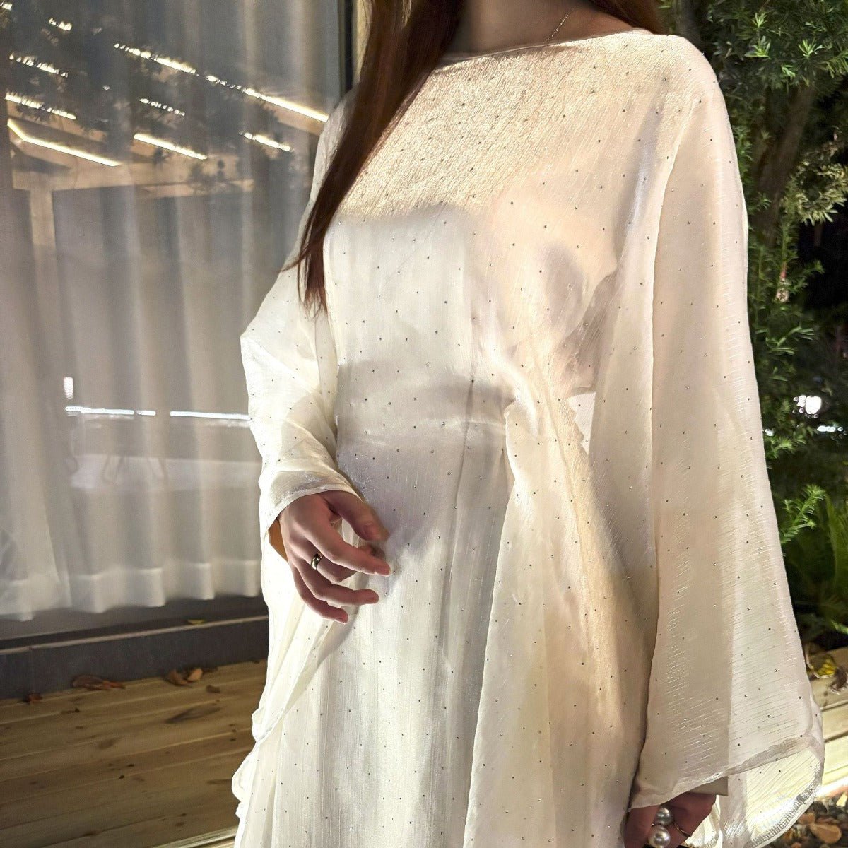 Starry Night Elegance Dress Luxury Party Wear | Olive Green Glitter Maxi with Bell Sleeves. (MA243) - Mariam's Collection