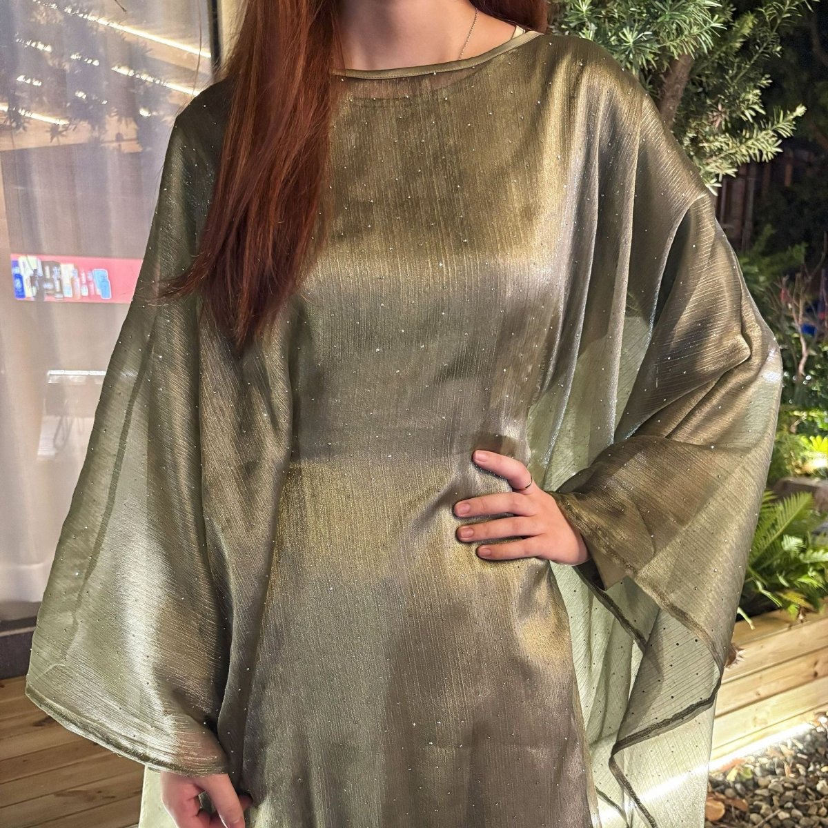 Starry Night Elegance Dress Luxury Party Wear | Olive Green Glitter Maxi with Bell Sleeves. (MA243) - Mariam's Collection