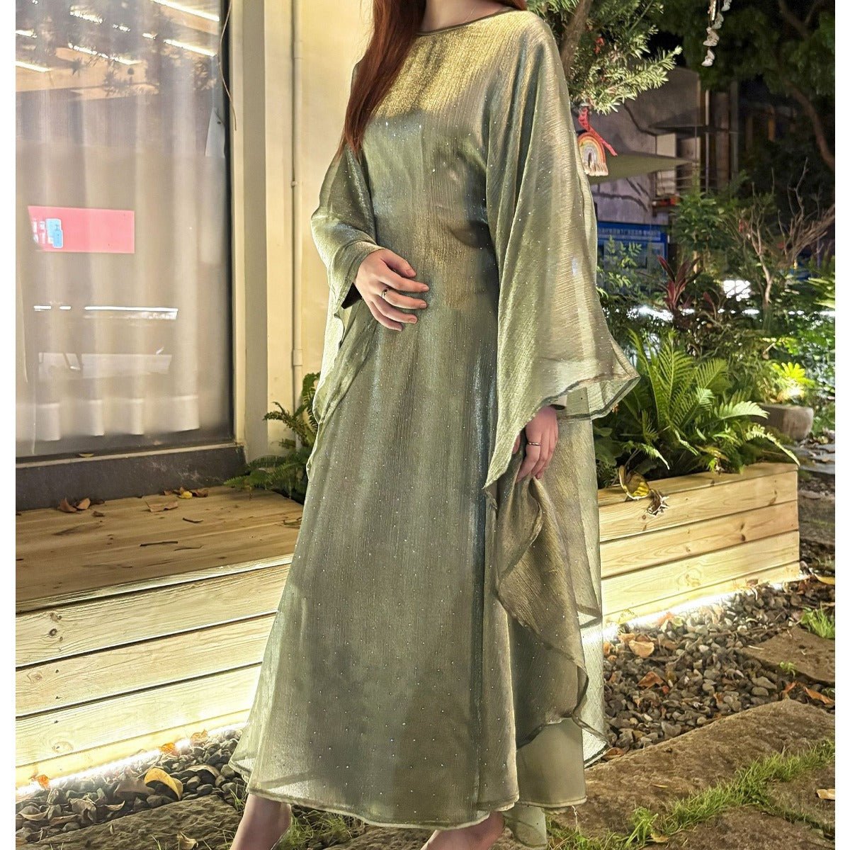 Starry Night Elegance Dress Luxury Party Wear | Olive Green Glitter Maxi with Bell Sleeves. (MA243) - Mariam's Collection