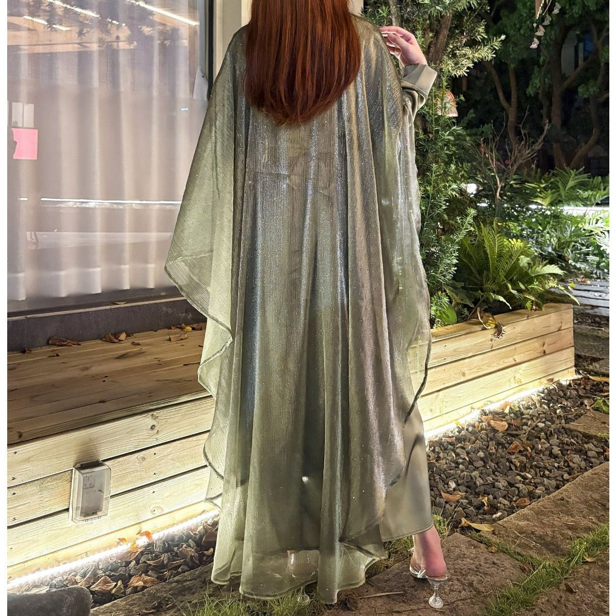 Starry Night Elegance Dress Luxury Party Wear | Olive Green Glitter Maxi with Bell Sleeves. (MA243) - Mariam's Collection