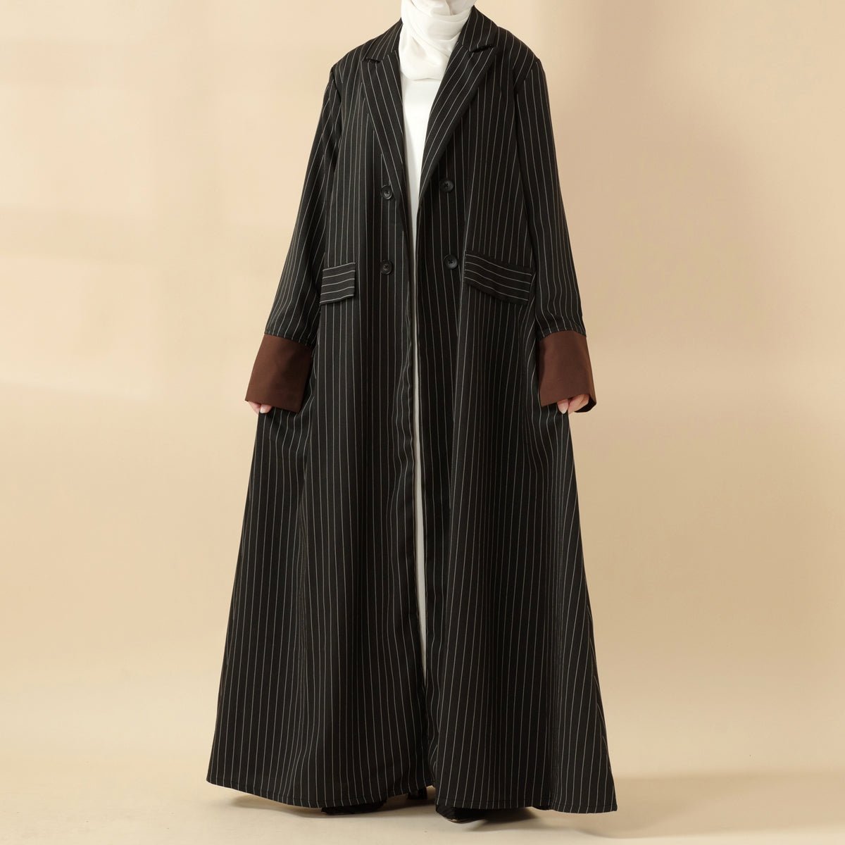 Striped Contrast Color Commuting Double - Breasted Trench Coat Open Abaya (MOA123) - Mariam's Collection