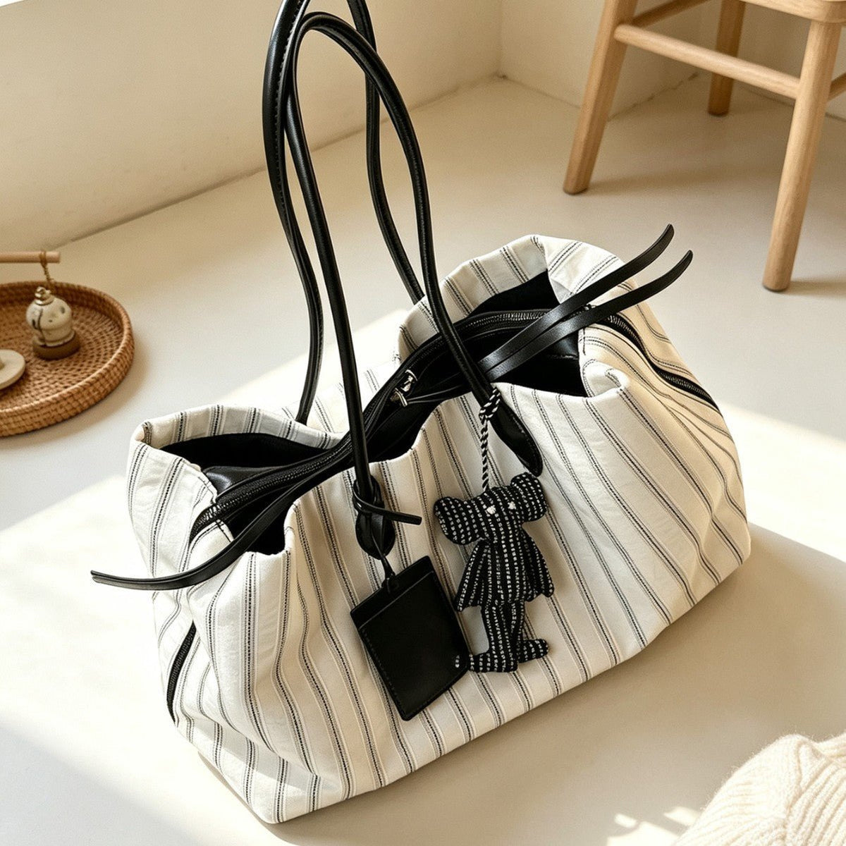 Striped Shoulder Tote Bag – Large Commuter Tote Bag