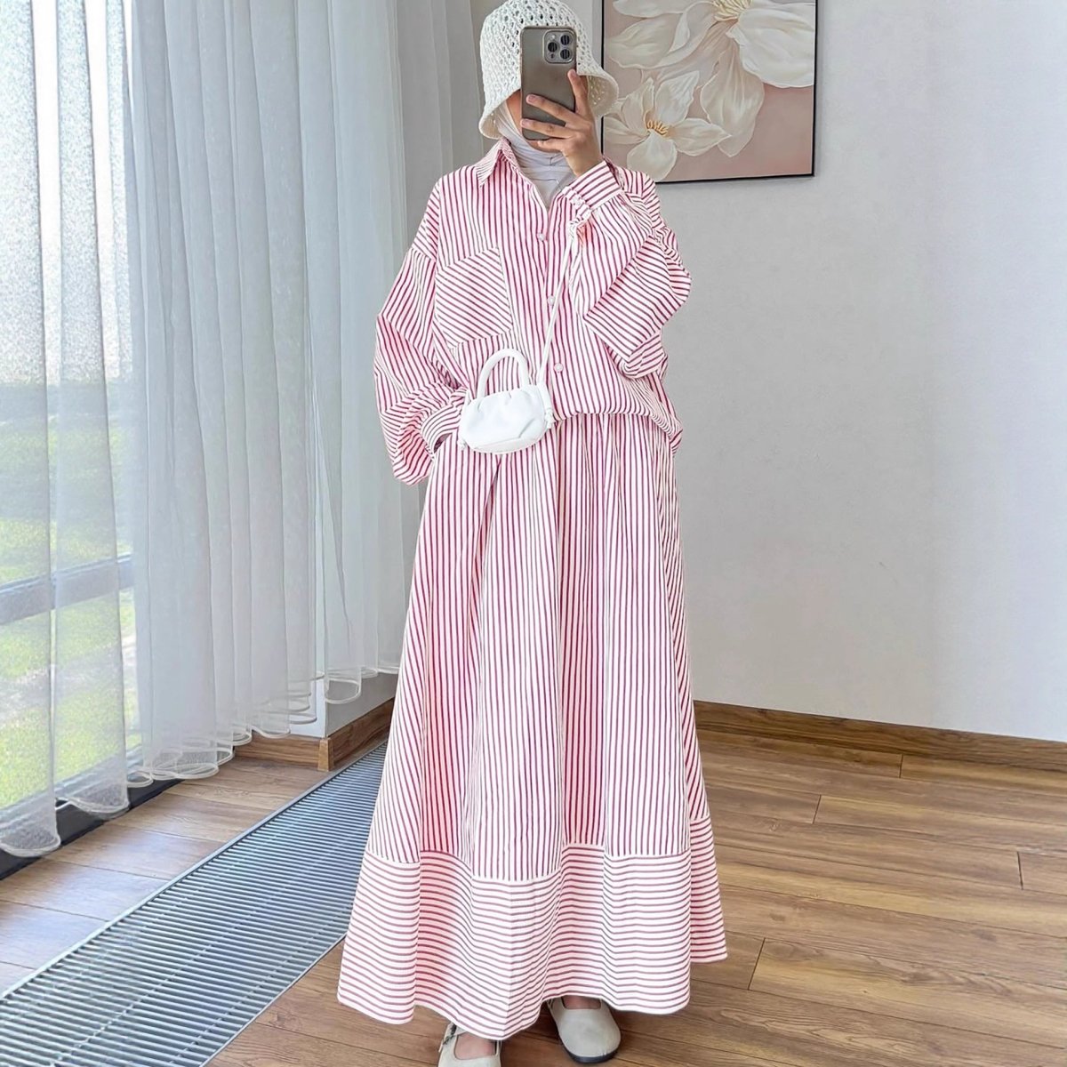 Casual modest stripe co-ord with maxi skirt and oversized shirt