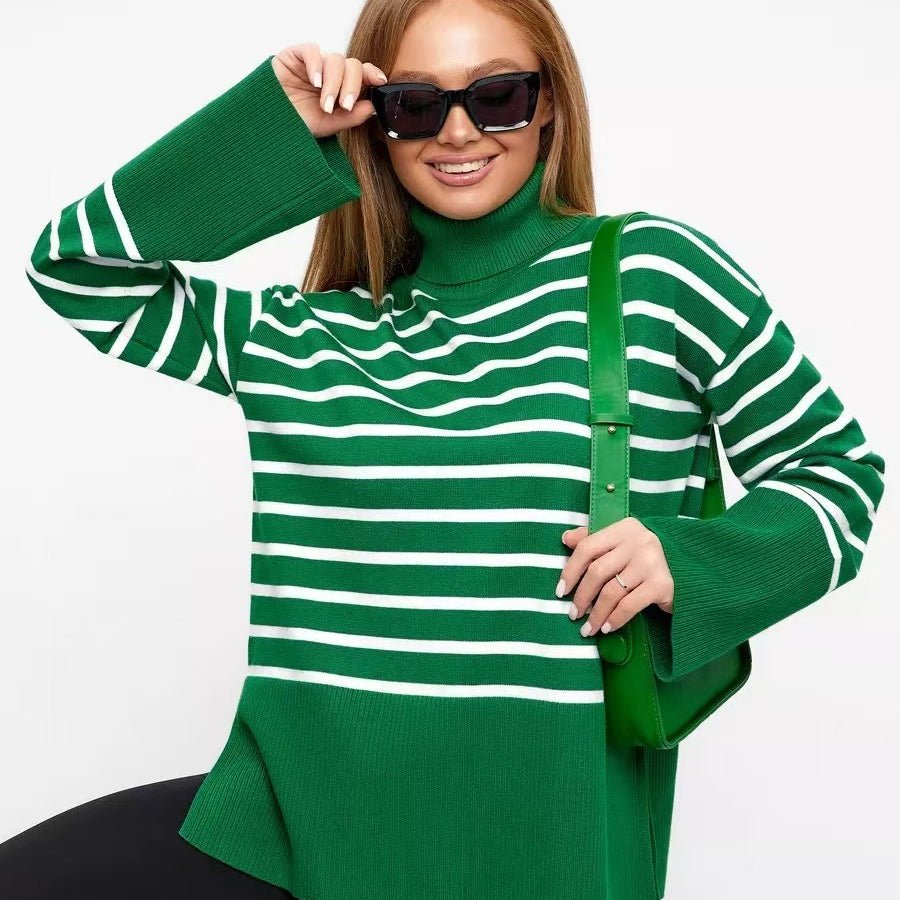 Striped Turtleneck Sweater | Oversized Colorblock Pullover(MS252) - Mariam's Collection