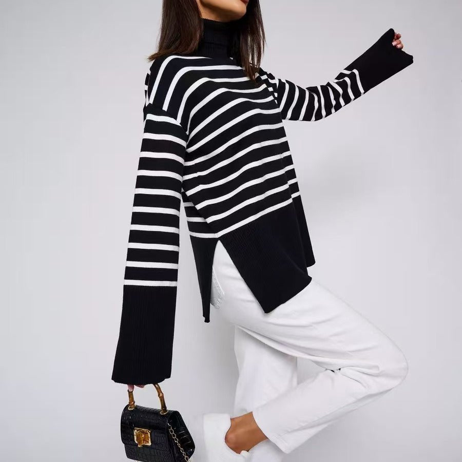 Striped Turtleneck Sweater | Oversized Colorblock Pullover(MS252) - Mariam's Collection