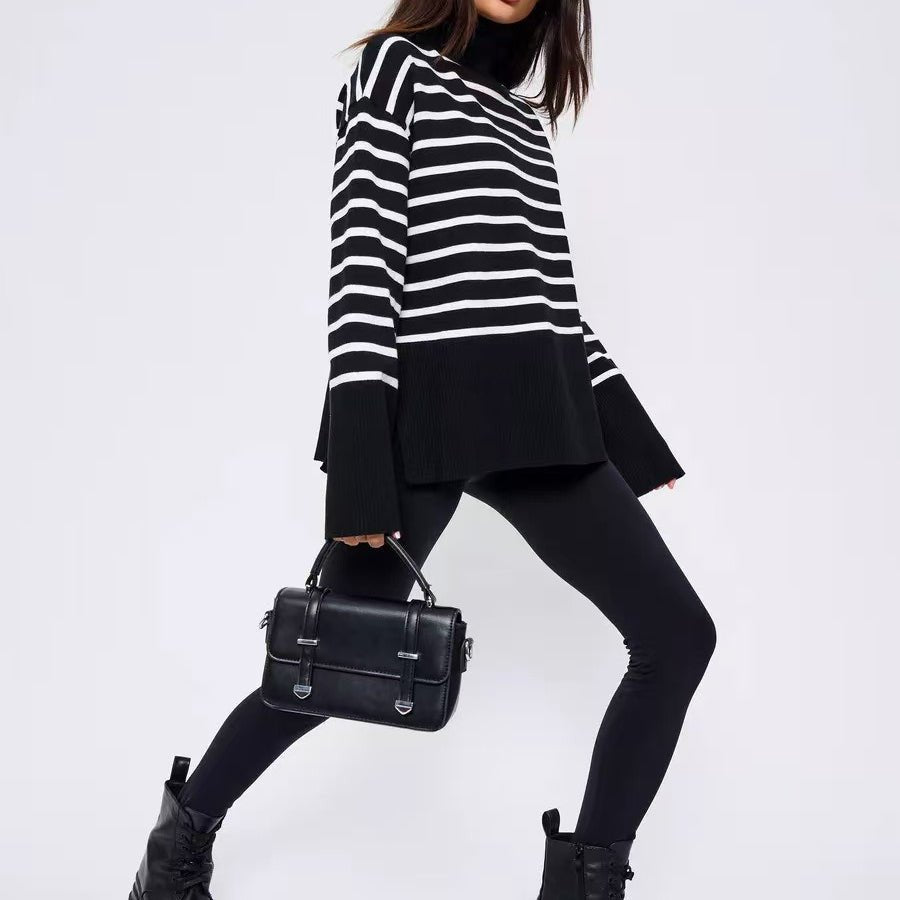 Striped Turtleneck Sweater | Oversized Colorblock Pullover(MS252) - Mariam's Collection