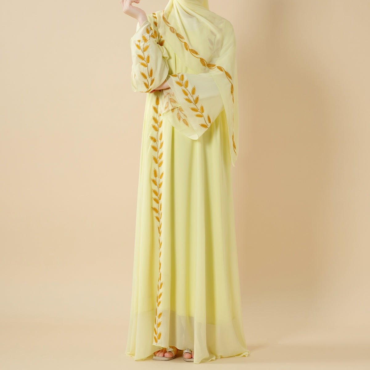 Summer Floral Embroidered Elegant Crew Neck Long Sleeve Chiffon Abaya Dress with Matching Headscarf. (MA230) - Mariam's Collection