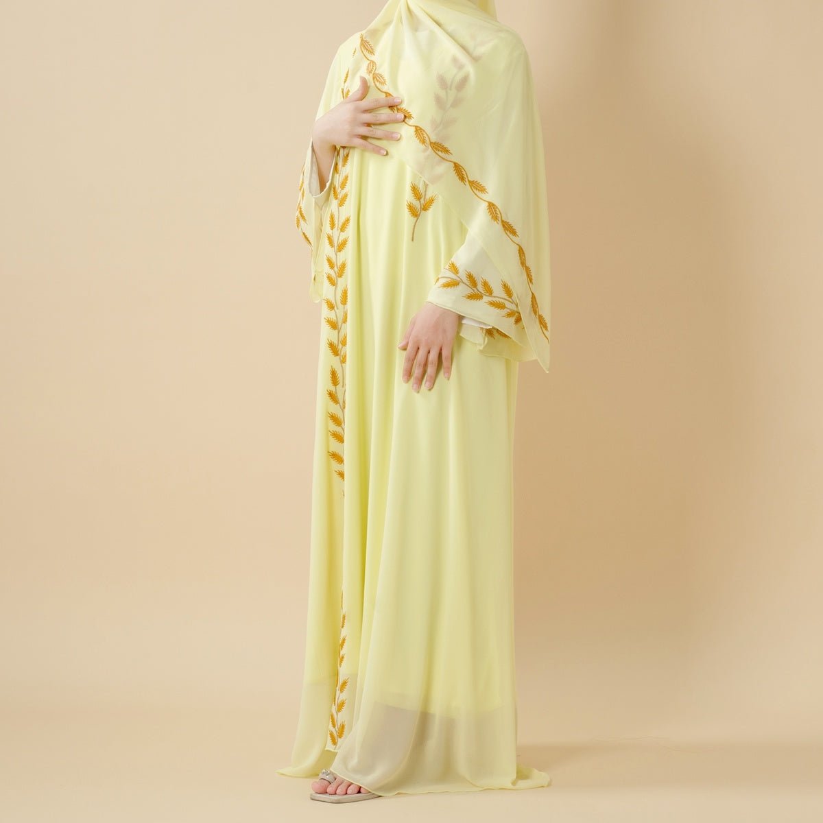 Summer Floral Embroidered Elegant Crew Neck Long Sleeve Chiffon Abaya Dress with Matching Headscarf. (MA230) - Mariam's Collection