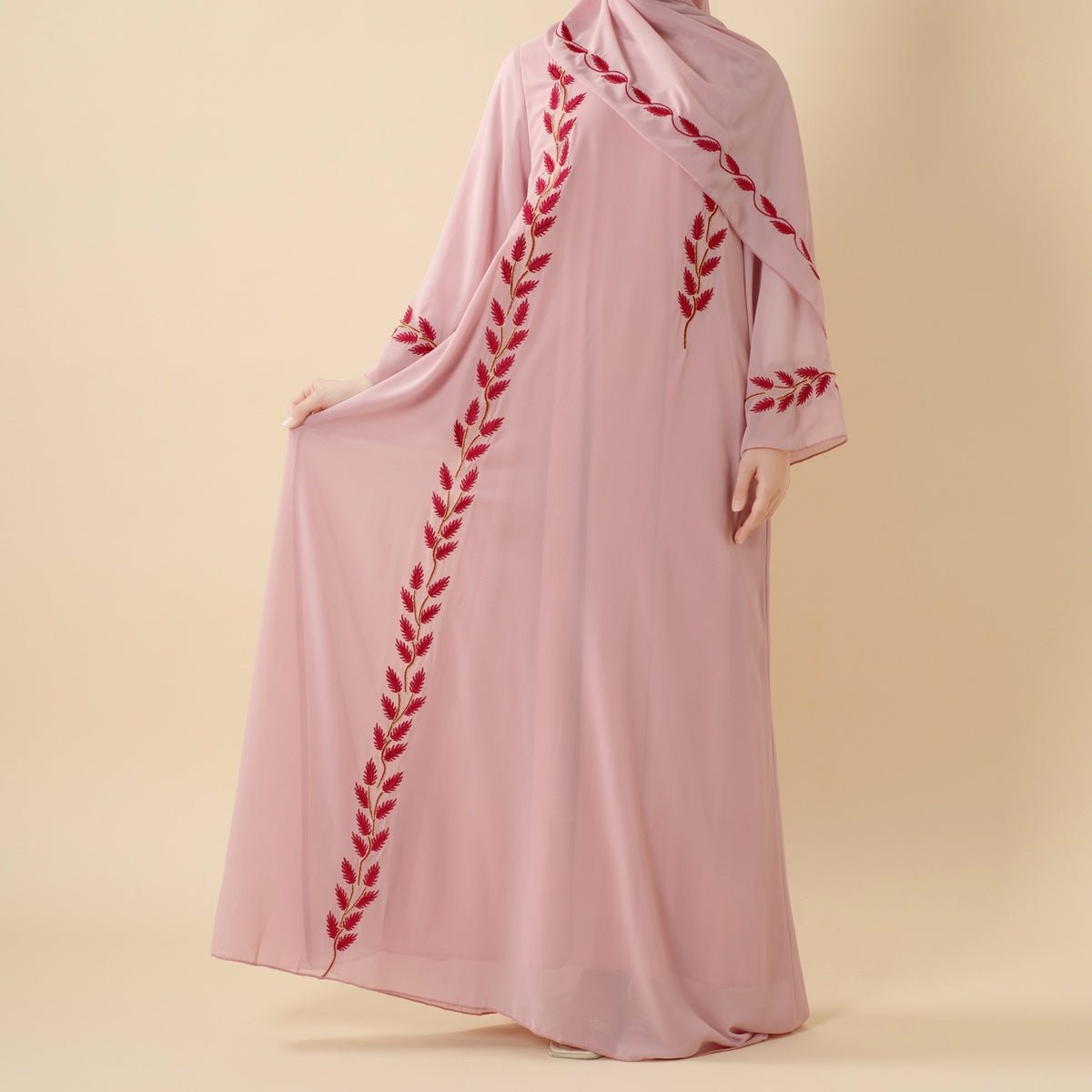 Summer Floral Embroidered Elegant Crew Neck Long Sleeve Chiffon Abaya Dress with Matching Headscarf. (MA230) - Mariam's Collection