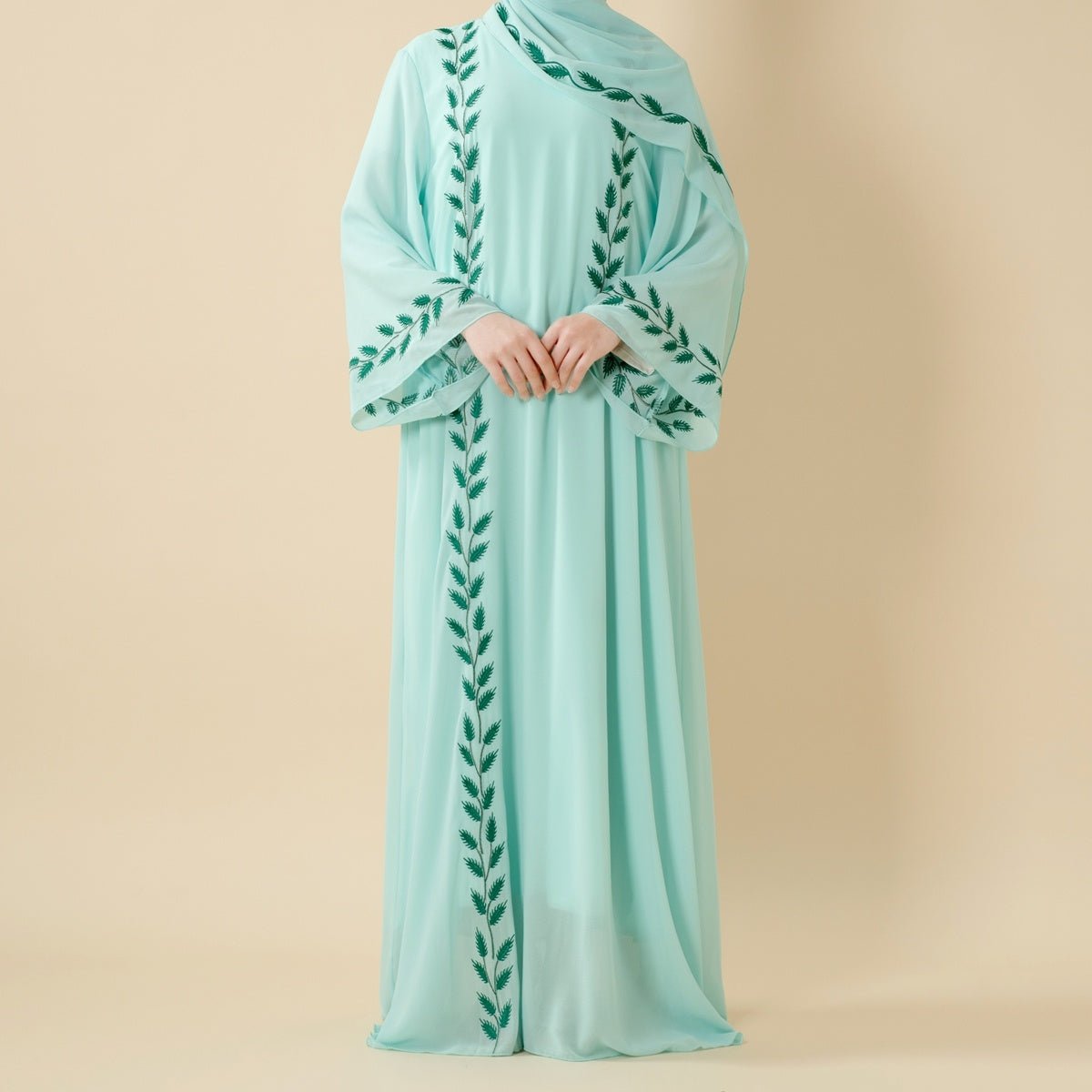 Summer Floral Embroidered Elegant Crew Neck Long Sleeve Chiffon Abaya Dress with Matching Headscarf. (MA230) - Mariam's Collection