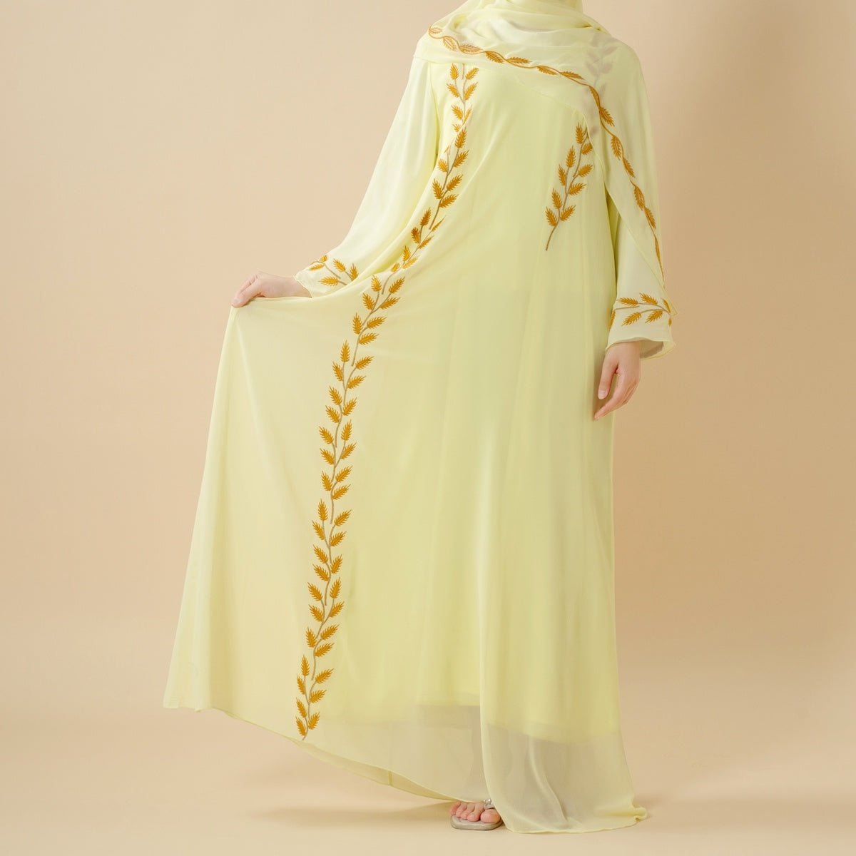 Summer Floral Embroidered Elegant Crew Neck Long Sleeve Chiffon Abaya Dress with Matching Headscarf. (MA230) - Mariam's Collection