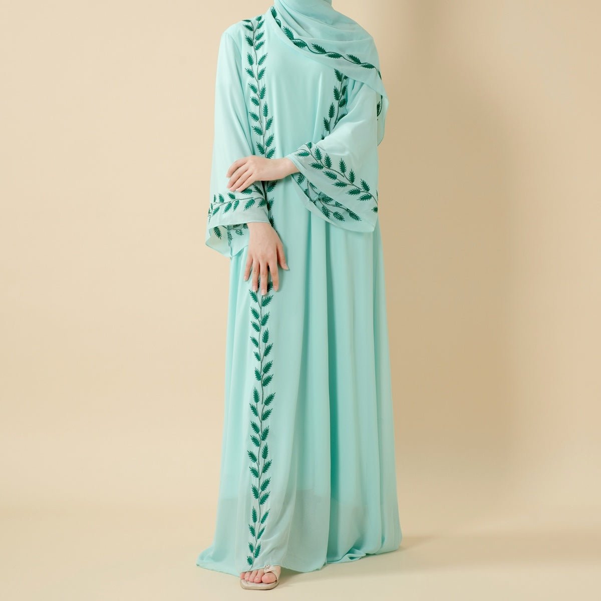 Summer Floral Embroidered Elegant Crew Neck Long Sleeve Chiffon Abaya Dress with Matching Headscarf. (MA230) - Mariam's Collection