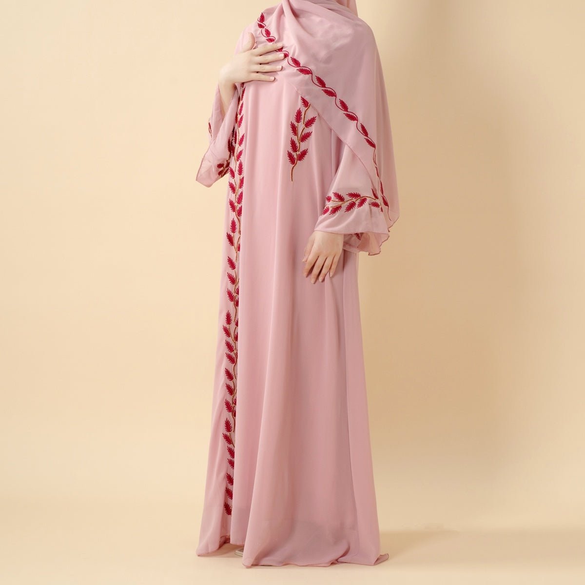 Summer Floral Embroidered Elegant Crew Neck Long Sleeve Chiffon Abaya Dress with Matching Headscarf. (MA230) - Mariam's Collection