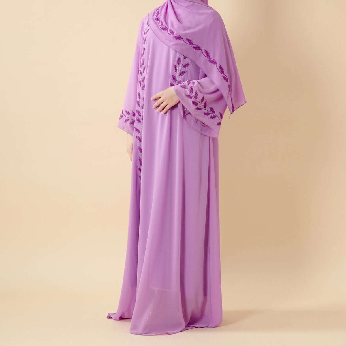 Summer Floral Embroidered Elegant Crew Neck Long Sleeve Chiffon Abaya Dress with Matching Headscarf. (MA230) - Mariam's Collection