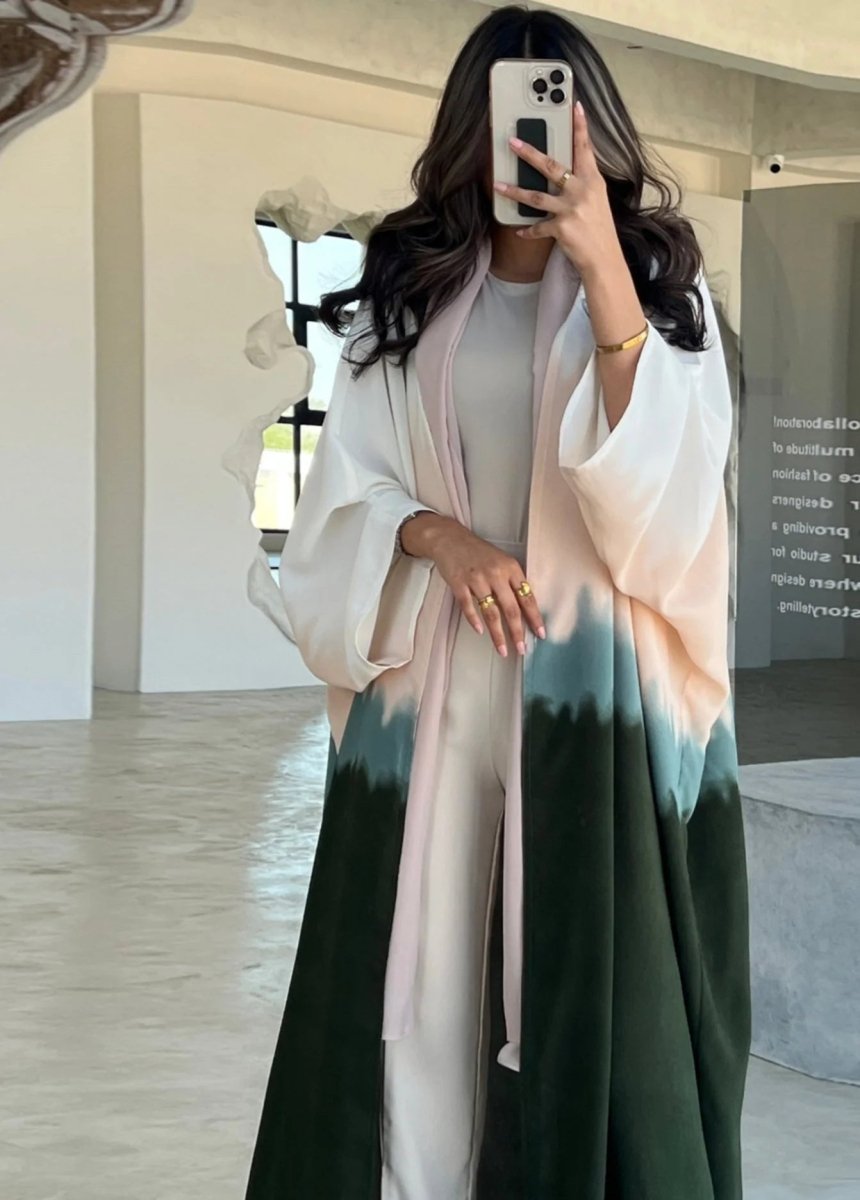 Summer Gradient Color Cardigan Cape with Flowy Bell Sleeves Tie - Dyed Muslim Abaya. (MOA157) - Mariam's Collection