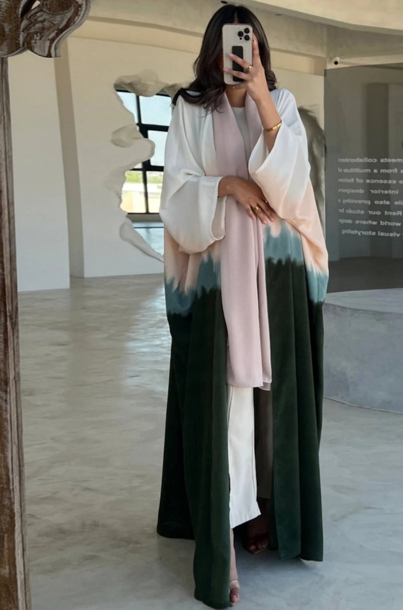 Summer Gradient Color Cardigan Cape with Flowy Bell Sleeves Tie - Dyed Muslim Abaya. (MOA157) - Mariam's Collection