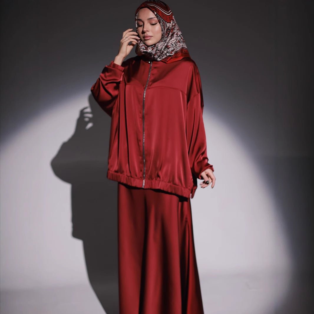 Summer New Satin Long Sleeve Modest Fashion Waist Drop Long Dress Set (MS079) - Mariam's Collection