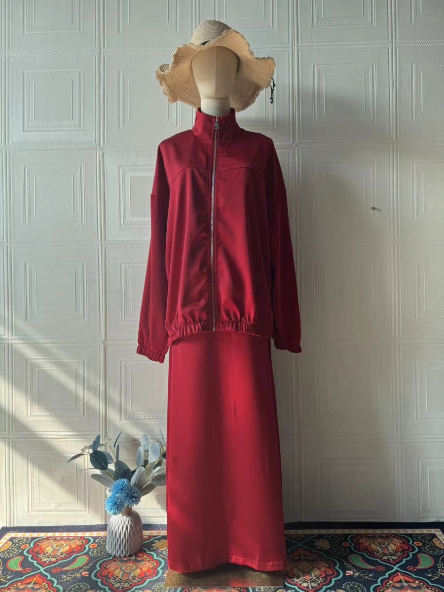 Summer New Satin Long Sleeve Modest Fashion Waist Drop Long Dress Set (MS079) - Mariam's Collection