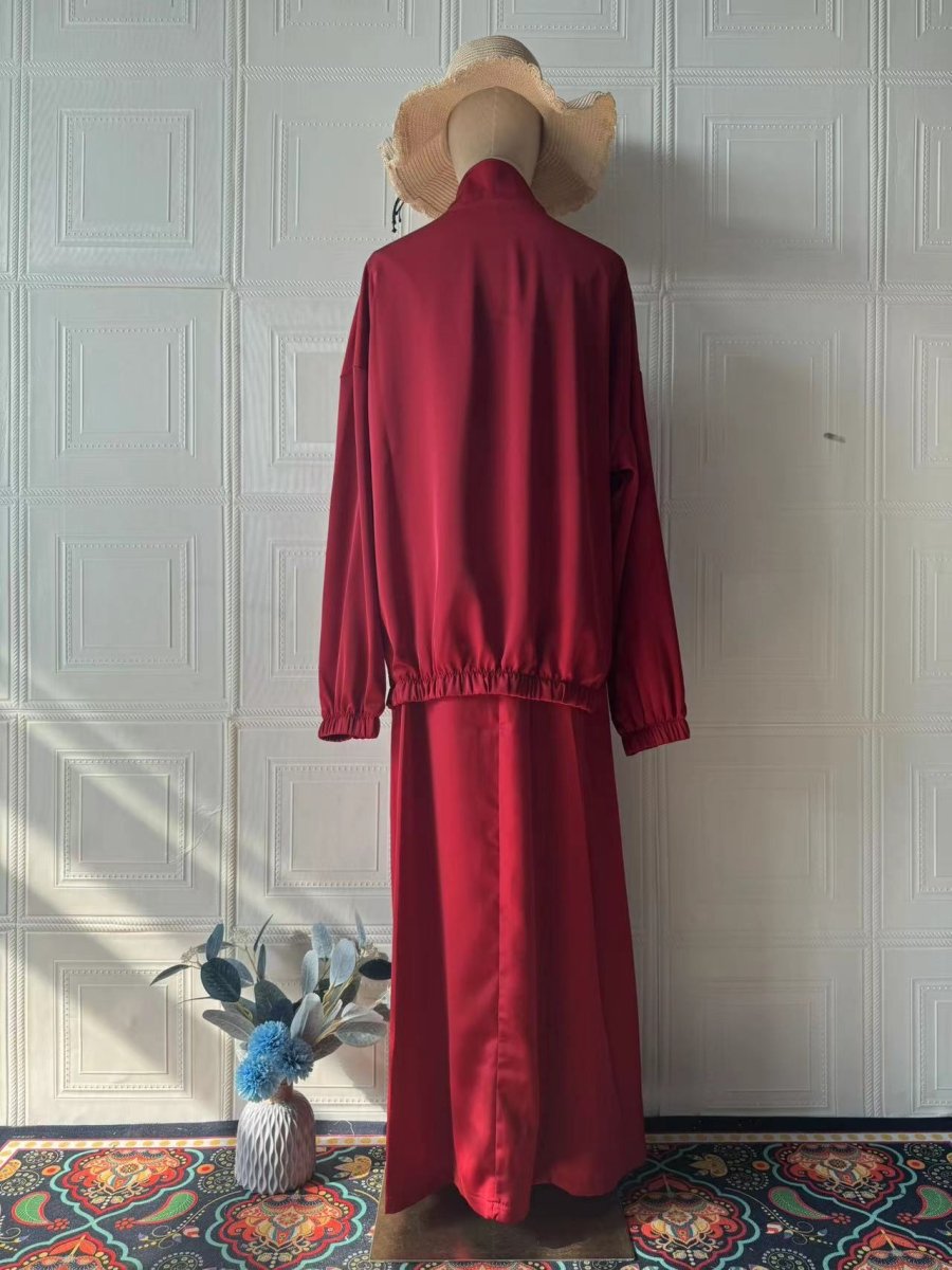 Summer New Satin Long Sleeve Modest Fashion Waist Drop Long Dress Set (MS079) - Mariam's Collection
