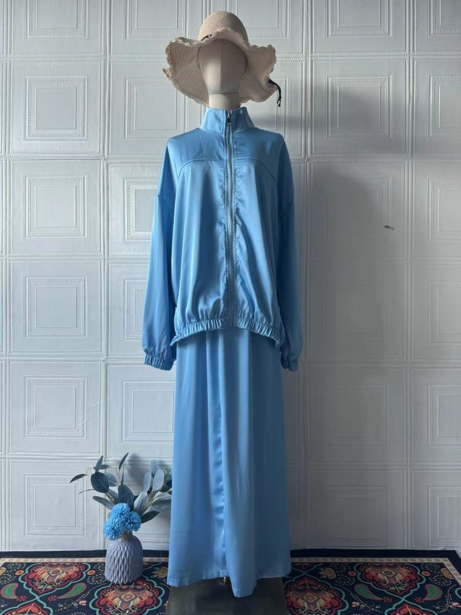 Summer New Satin Long Sleeve Modest Fashion Waist Drop Long Dress Set (MS079) - Mariam's Collection