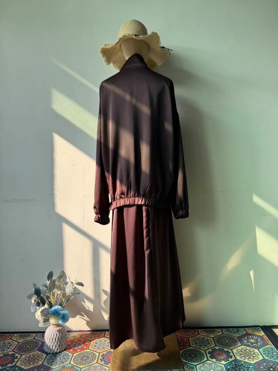 Summer New Satin Long Sleeve Modest Fashion Waist Drop Long Dress Set (MS079) - Mariam's Collection