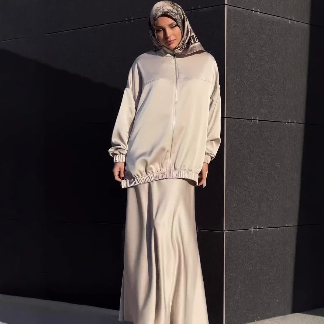 Summer New Satin Long Sleeve Modest Fashion Waist Drop Long Dress Set (MS079) - Mariam's Collection