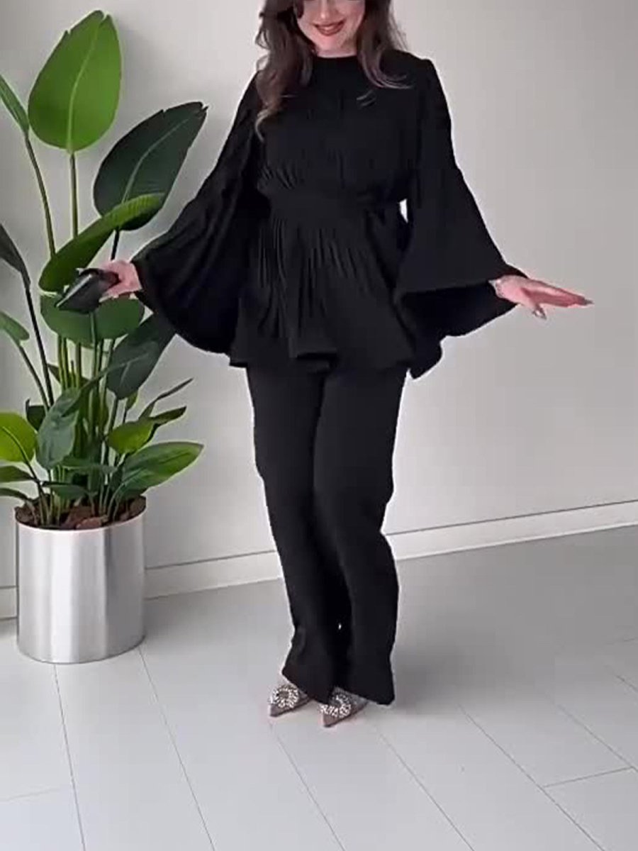 Summer Pleated Design Breathable Loose Pants Two - Piece Set .(MS083) - Mariam's Collection