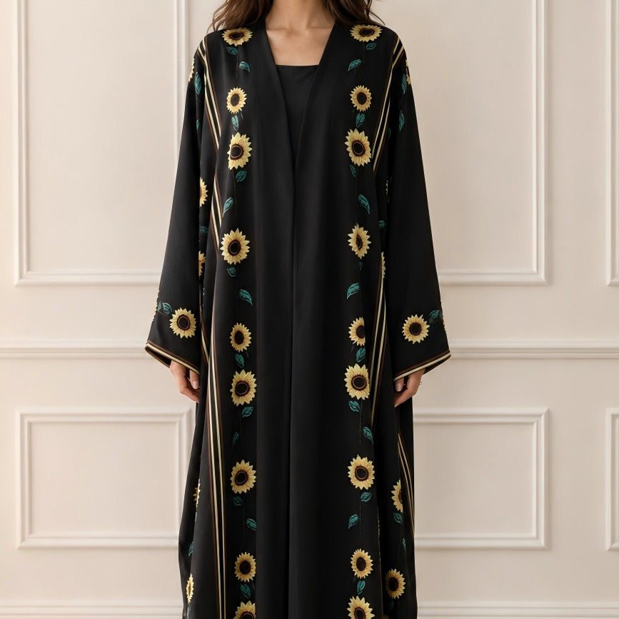 Sunflower Print Gold Trim Open Abaya(MOA338) - Mariam's Collection