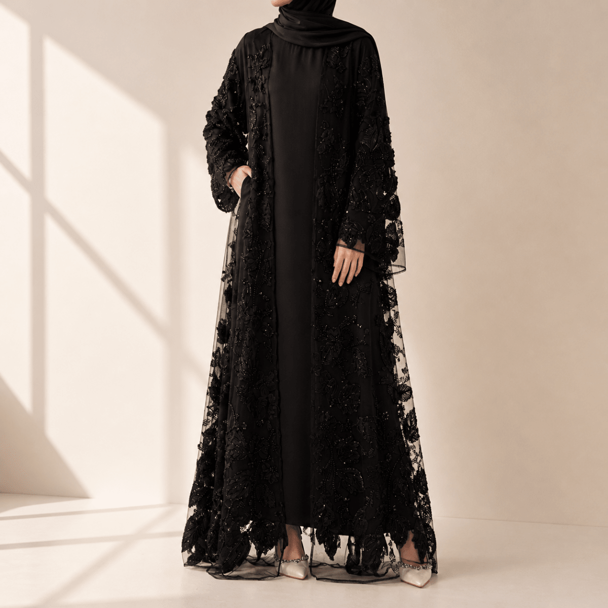 Luxury 3D Floral Embellished Open Abaya – Couture Bridal Abaya
