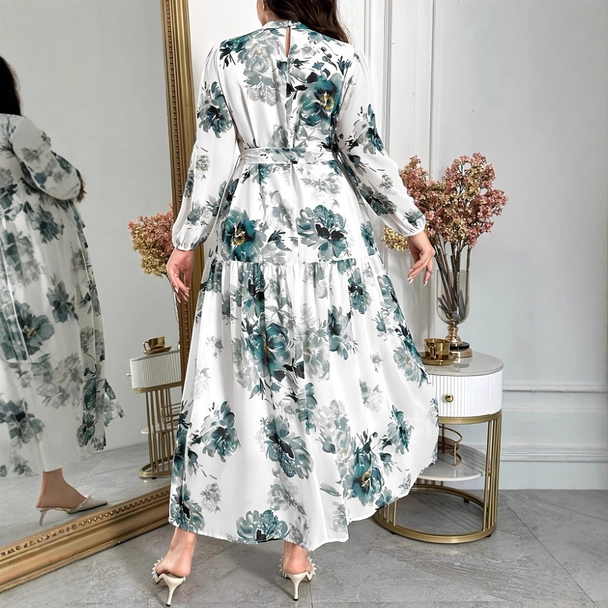 Modest tiered maxi dress with bishop sleeves and gathered ruffle neckline