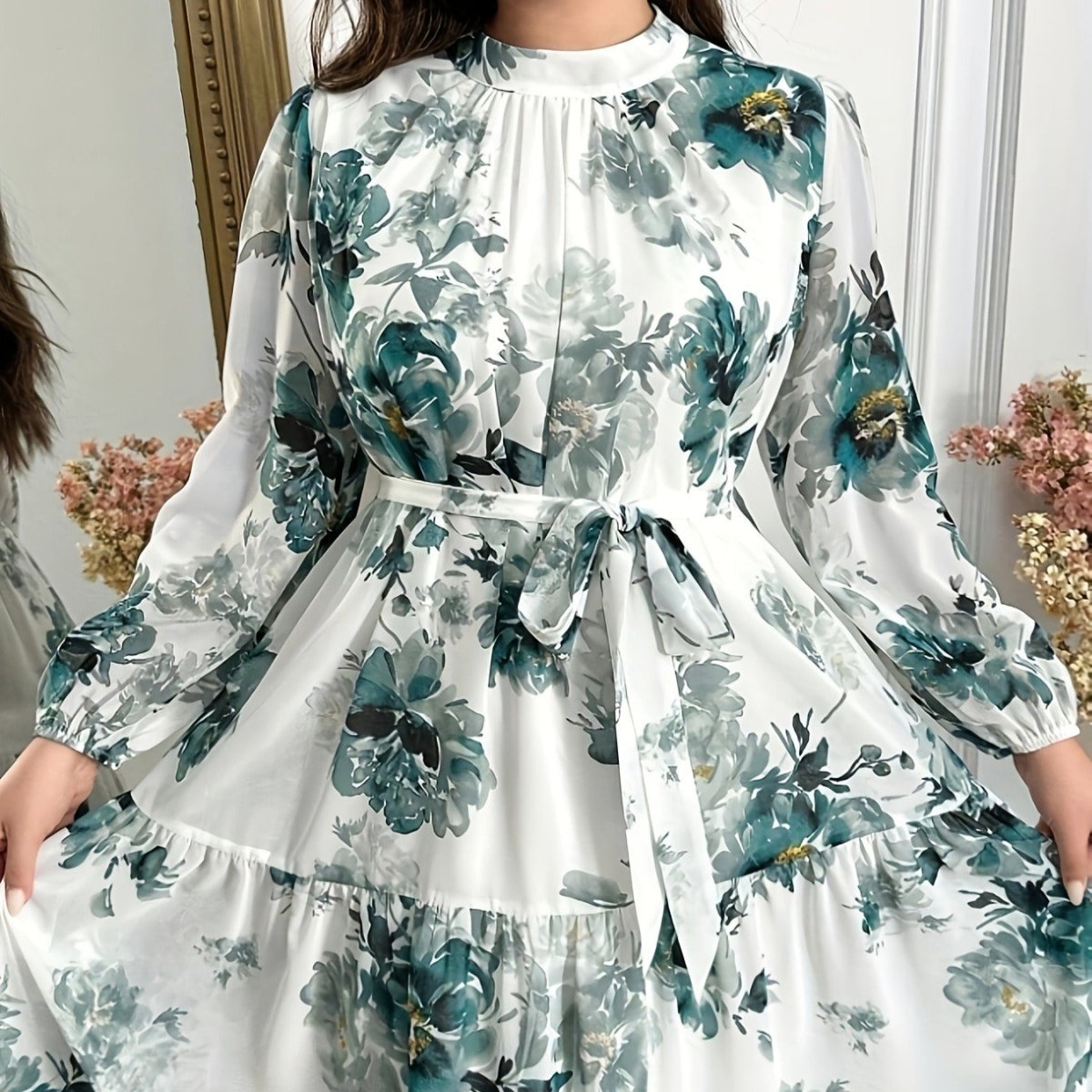 Teal Botanical Print Tiered Maxi Dress — Modest Summer Floral Dress