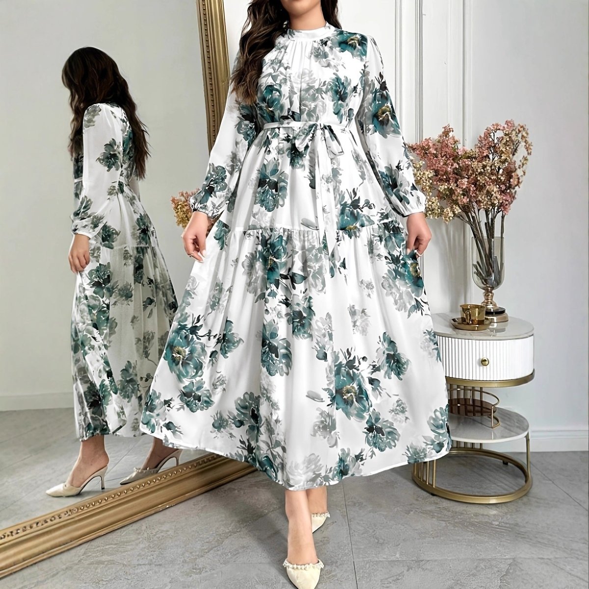 Botanical maxi dress with teal sage and grey peonies in watercolour print