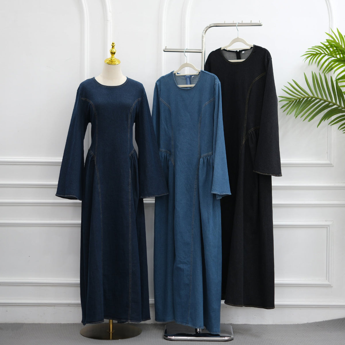 Tencel Denim Round-Neck Flared Maxi Dress(MS563) - Mariam's Collection