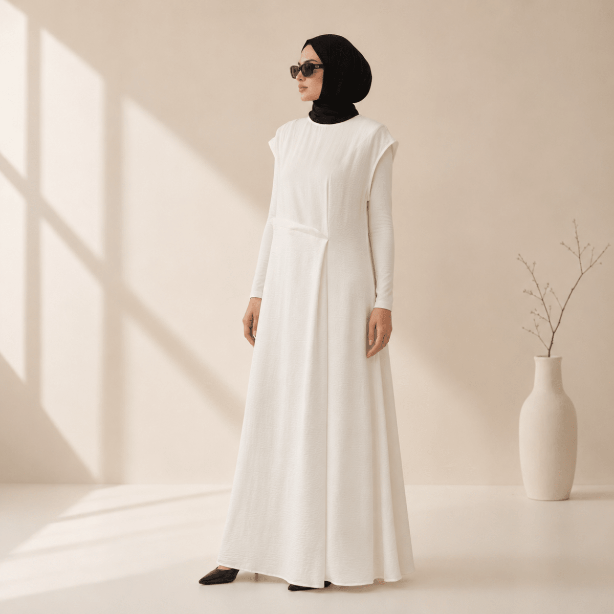 Textured Crepe Cap Shoulder Maxi Dress with Waist Pleat & Back Zip (MS436)(MS436) - Mariam's Collection