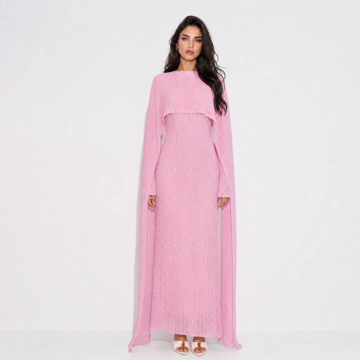 Floor-length silhouette of textured floral lace modest dress