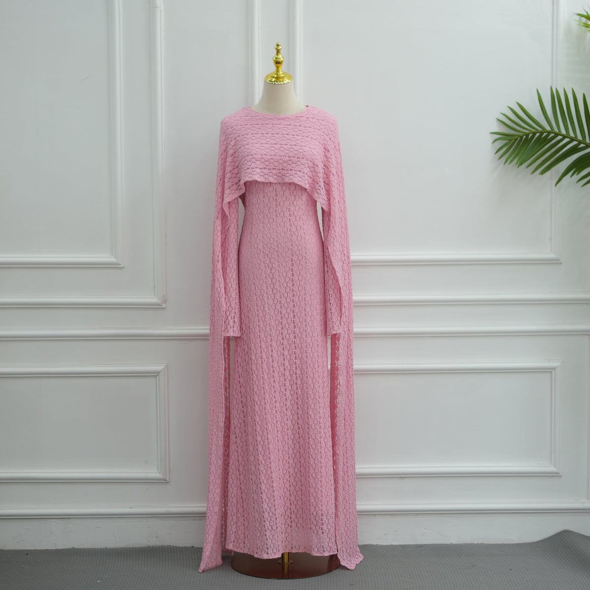 Cape sleeve movement detail on the modest lace occasion dress