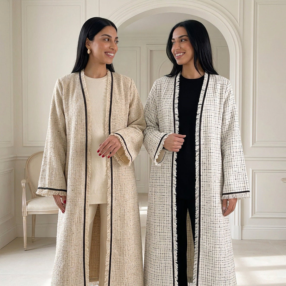 Textured Longline Open Abaya | Fringe-Trim Autumn Layer(MOA355) - Mariam's Collection